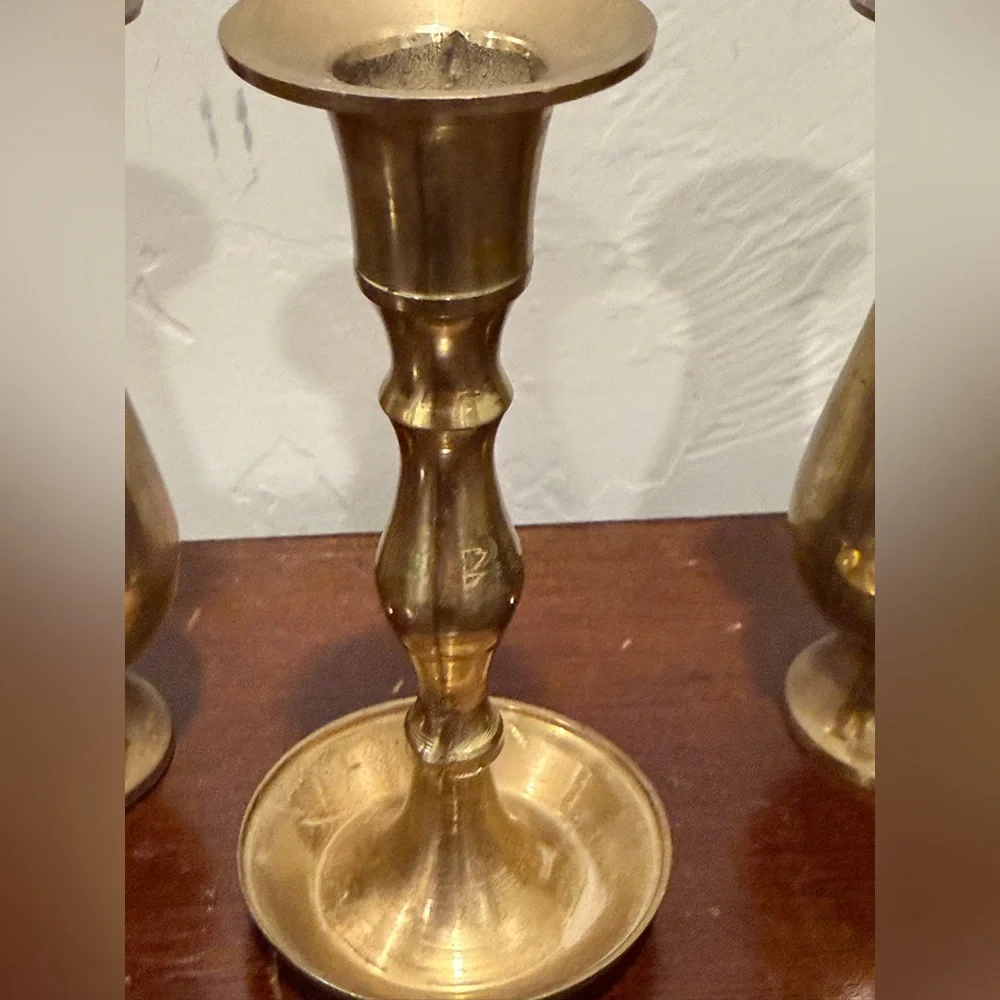 EUC Set Of 3 —2 Solid Brass Bud Vases & 1 Candleholder Made‎ in India